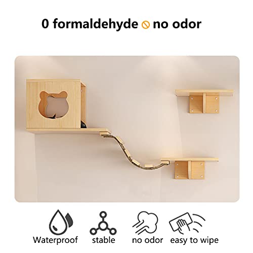 Solid Wood Wall Mounted Cat Shelves and Perches with 4 Cat Condos, 8 Shelves, 2 Ladder, 3 Sisal Cat Scratching Post I389555