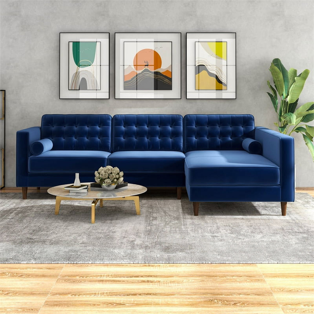 Blue Velvet L-Shaped Right-Facing Sectional E603263
