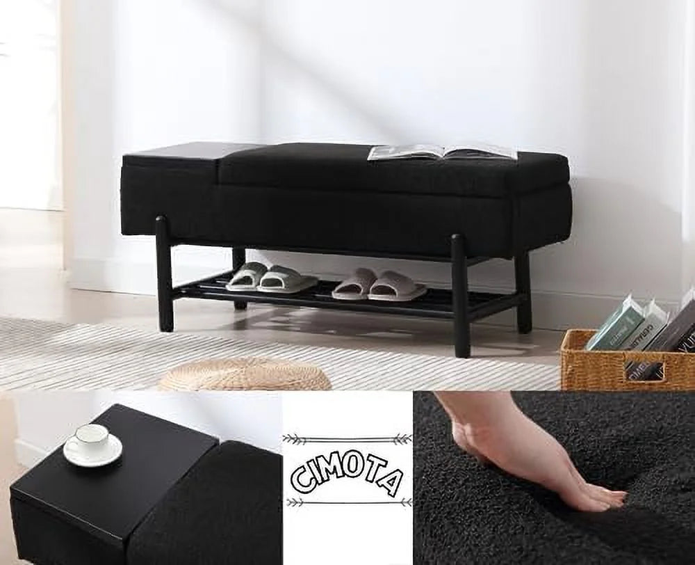 Leather Ottoman Bench with Wood Shoe 45 Inches PU Black W1646