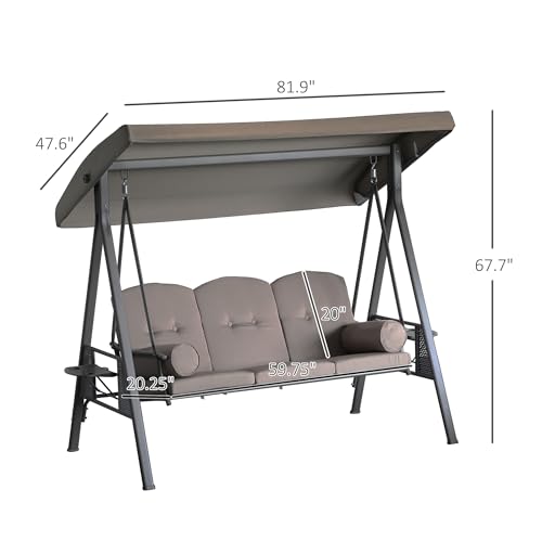 Brown 3-Seat Patio Swing Chair with Adjustable Canopy, Removable Cushion, Pillows and Side Trays T14821