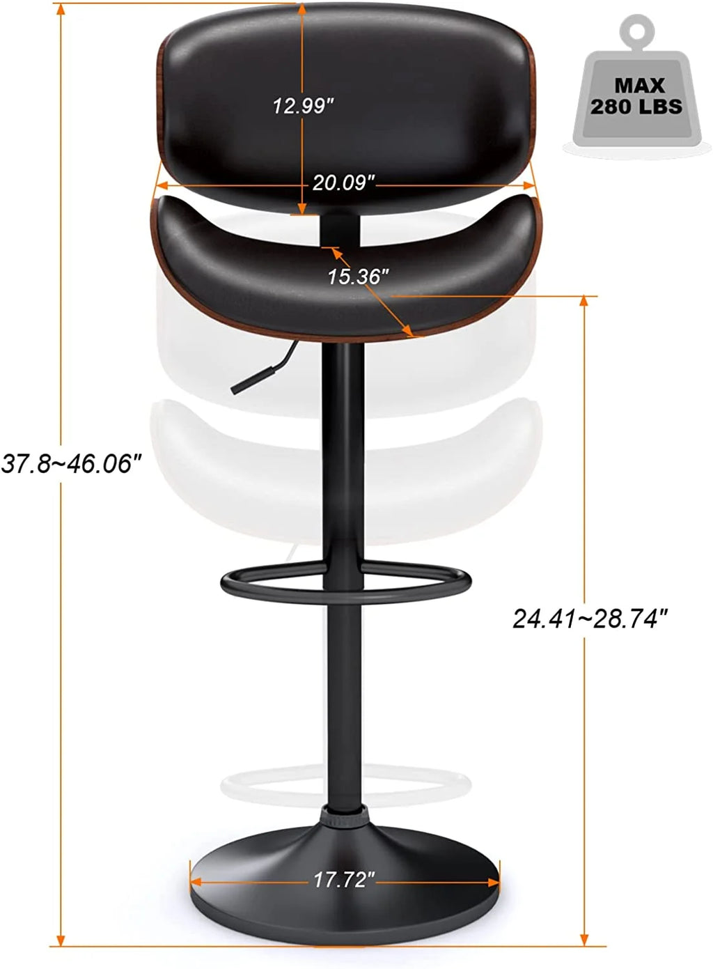 Swivel Bar Stools Set of 2, Adjustable PU Leather with Back and Footrest X625