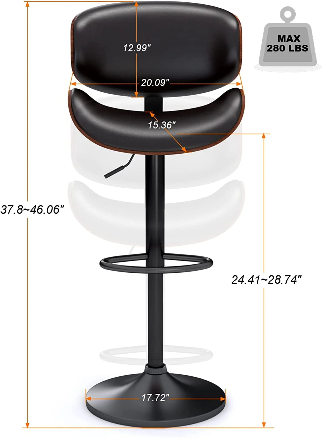 Swivel Bar Stools Set of 2, Adjustable PU Leather with Back and Footrest X625