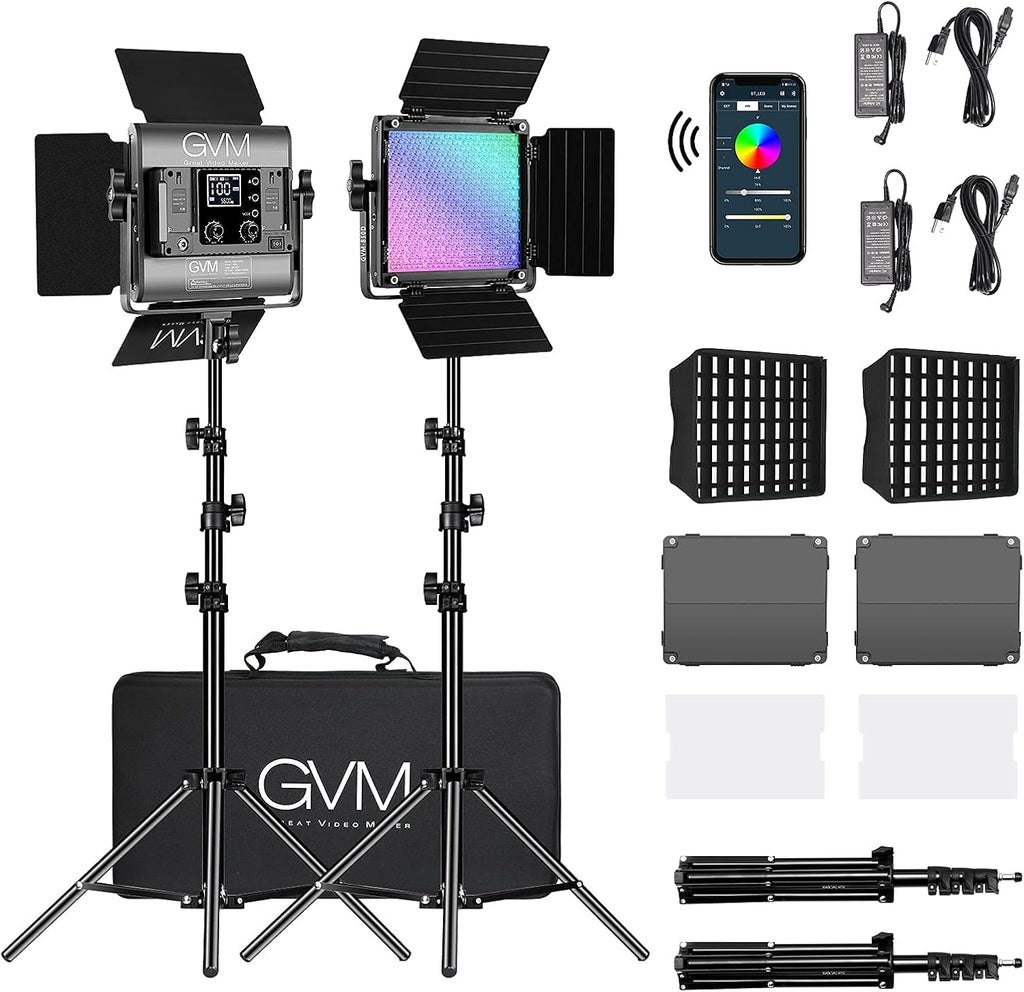 RGB LED Video Light with 2 Light Boxes, 360° Full Color Video Lighting Panel, 2 Packs Photography Lighting Kit B338