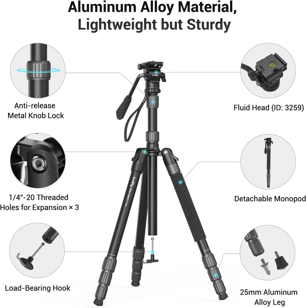 71 Video Tripod Monopod with Fluid Head, Aluminum Camera Tripod, Adjustable Height from 16.5 to 71 D1523