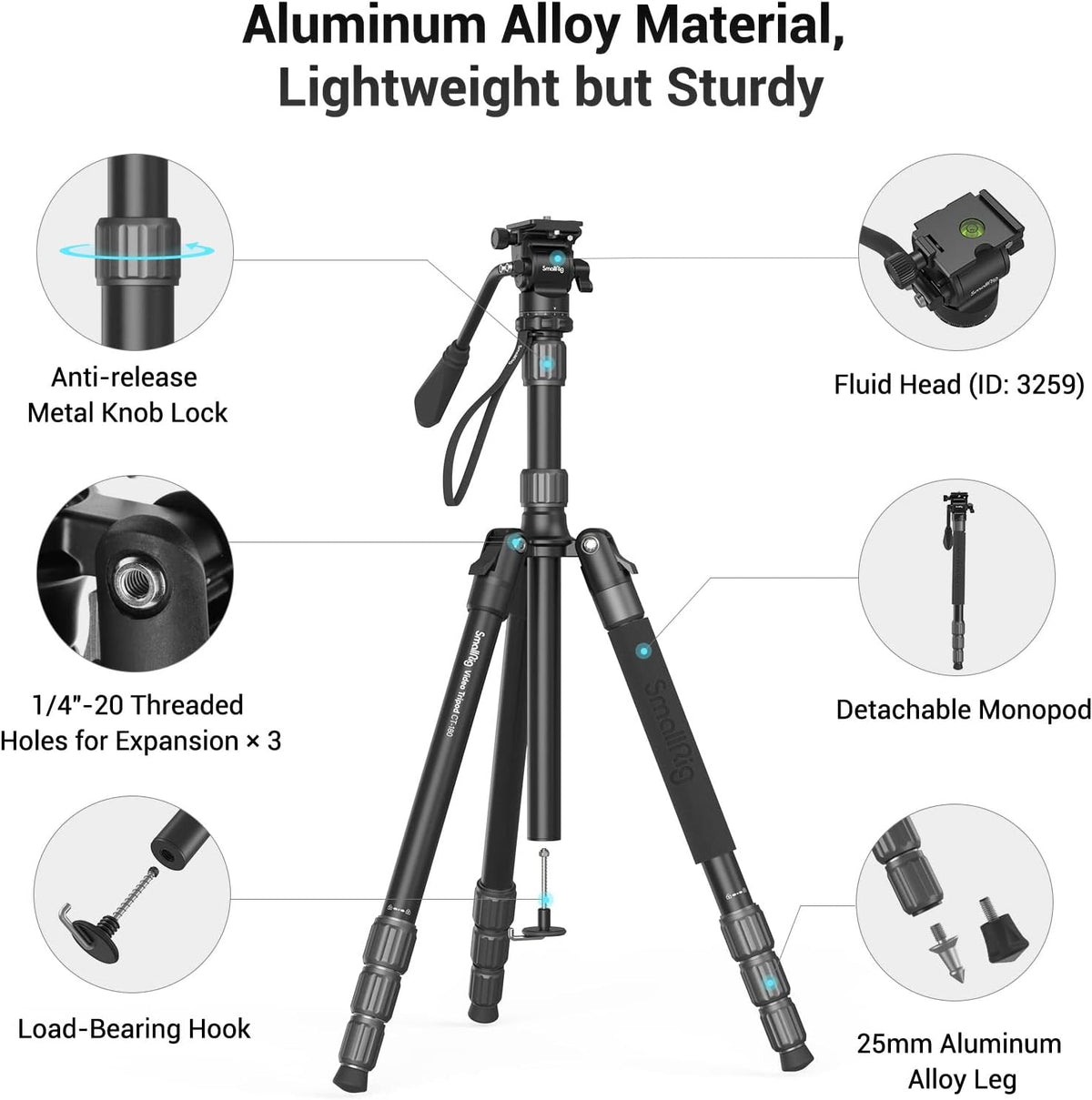 71 Video Tripod Monopod with Fluid Head, Aluminum Camera Tripod, Adjustable Height from 16.5 to 71 D1523