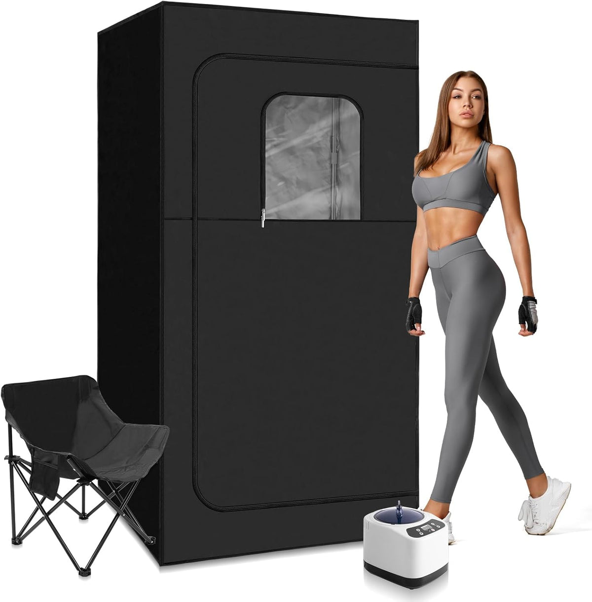 Black 600D Canvas Steam Sauna Tent with Steamer and Foldable Chair U7763