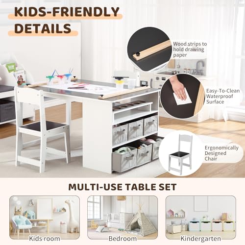 Kids Art Table and Chairs Set with Storage Desk and Art Supply Organizer V1555