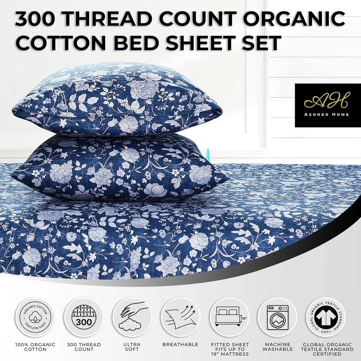 300 Thread Count Organic Cotton Deep Pocket Bed Sheet Set King Dark Blue W921