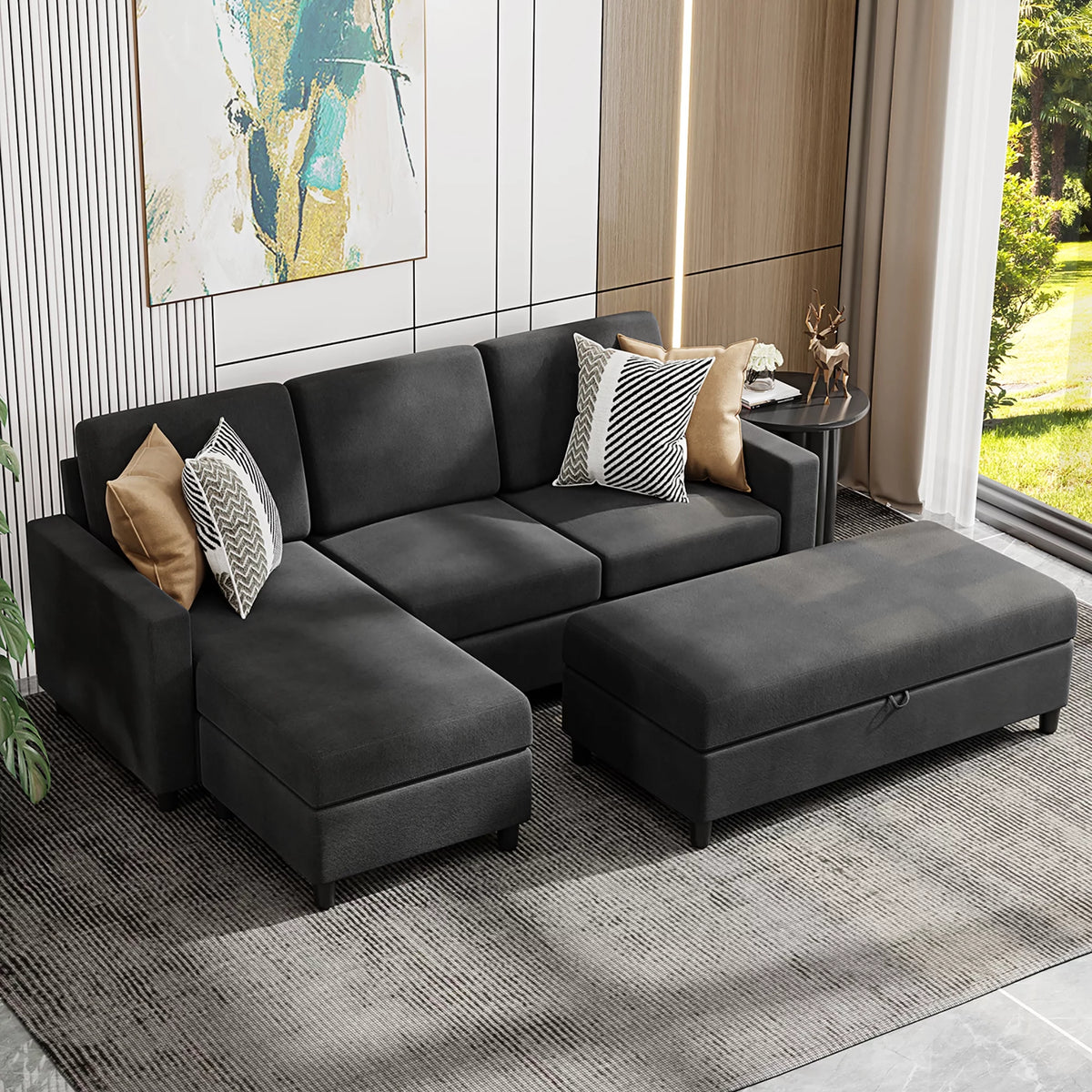 Linen Fabric Convertible L-Shaped Sectional Sofa Dark Gray U4440