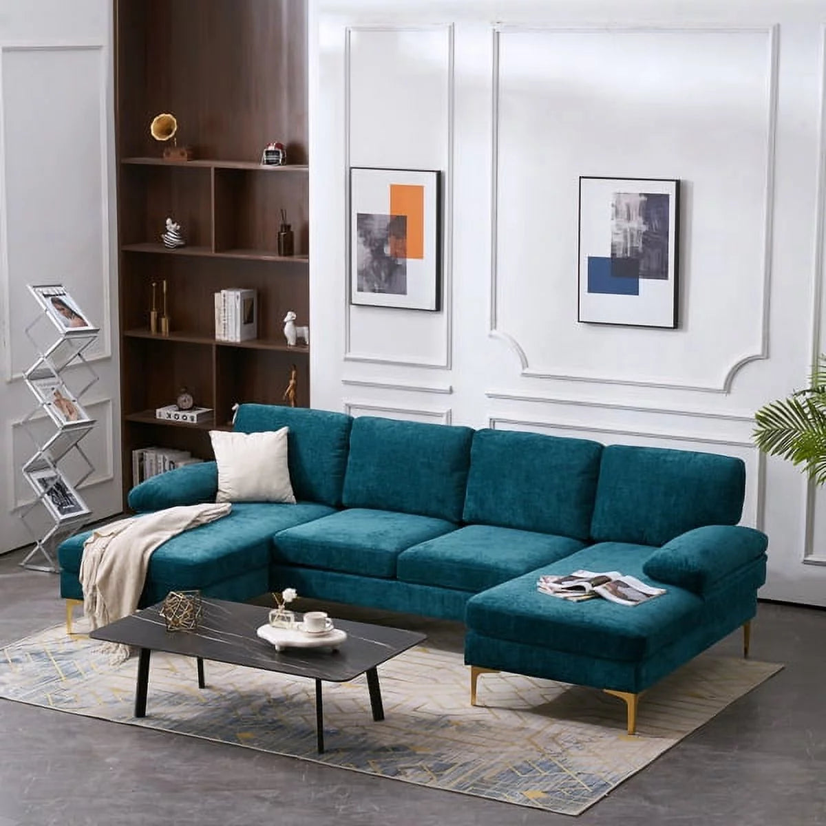 Convertible Sectional Sofa Couch U-Shaped Sleeper Sofa 4-Seat Dark Blue M294258