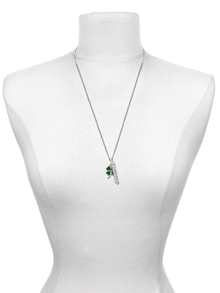 Silvertone Green Four Leaf Clover Bar Charm Necklace, 23" G811589