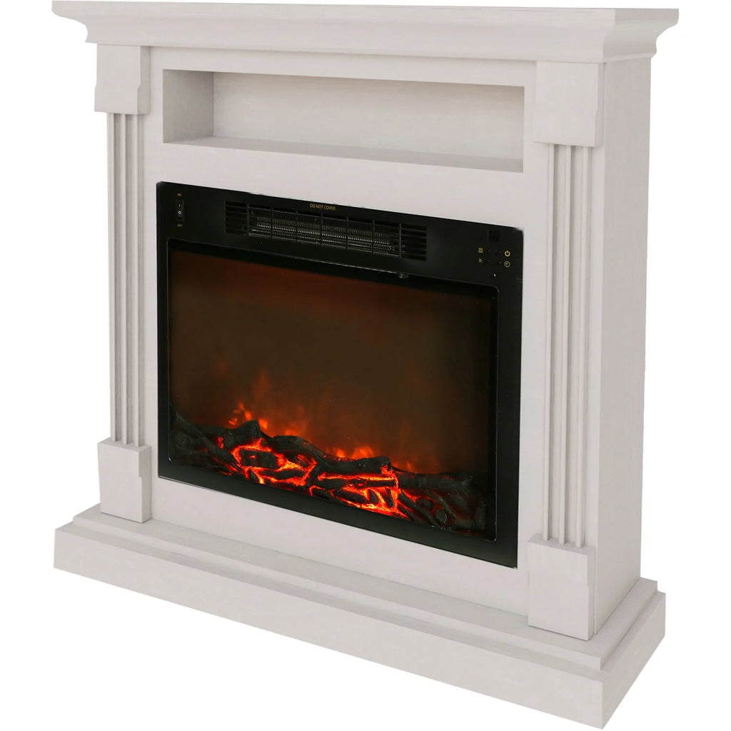 34" Freestanding White Electric Fireplace Heater with Storage Shelf & Remote Control L76137