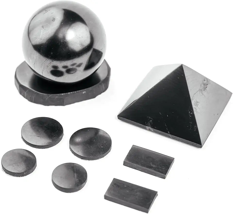 Polished Shungite Pyramid Sphere with Stand 9 pcs D53234
