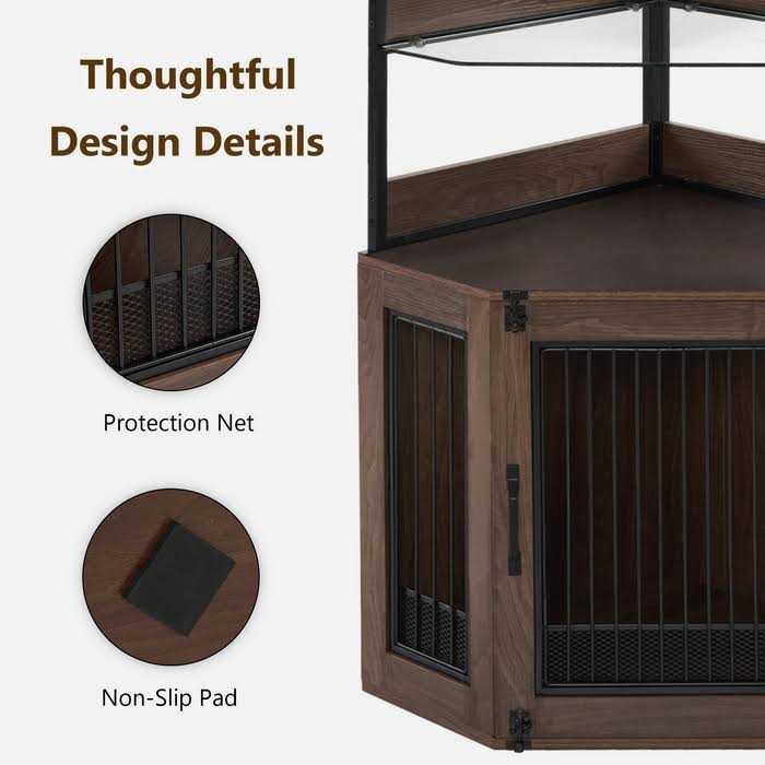 Corner Dog Crate Furniture with Glass Shelves Wooden Dog Kennel with Door D538883