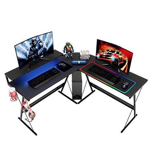 Carbon Fiber Black L Shaped Gaming Desk with LED, 55 Inch R89352