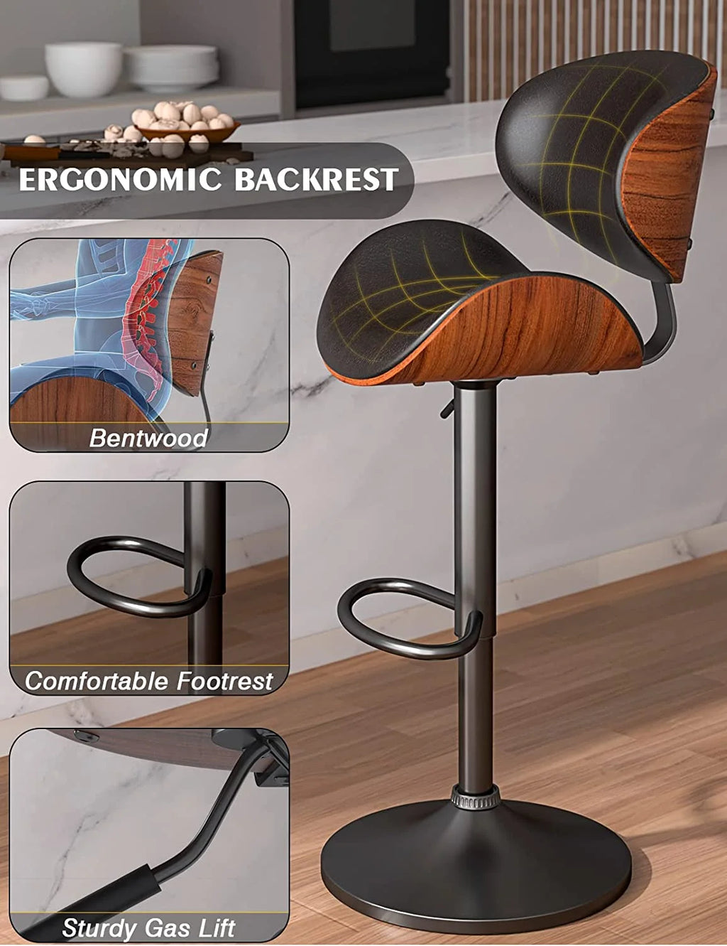 Swivel Bar Stools Set of 2, Adjustable PU Leather with Back and Footrest X625
