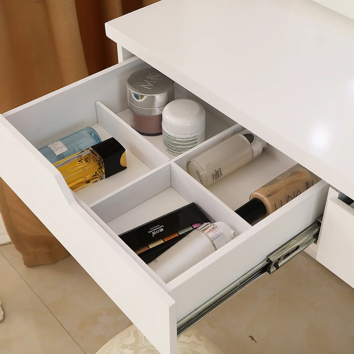 White Wooden Dressing Table with Lighted Mirror and Cushioned Stool M233