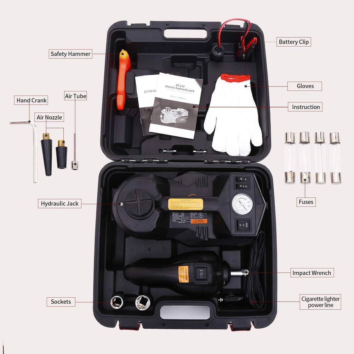 5 Ton 12V Electric Hydraulic Car Jack Kit with Impact Wrench and Tire Inflator Pump L3248
