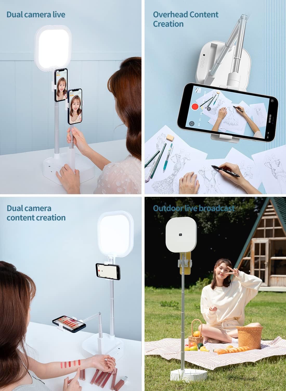 Overhead 360° Rotation Phone Stand with Two Phone Holders, Rechargeable Wireless Foldable LED Light, Pack of 2 T729