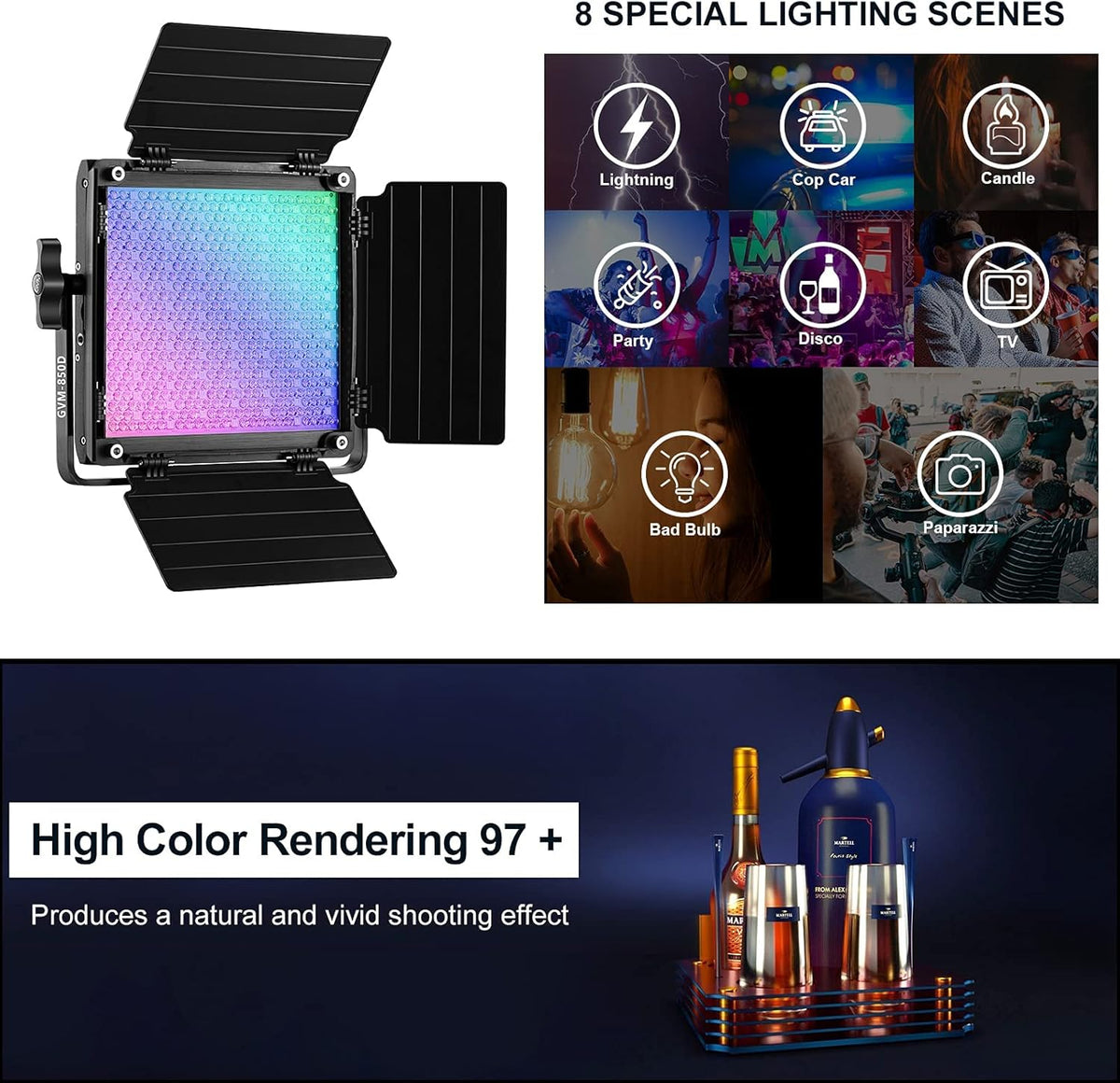 RGB LED Video Light with 2 Light Boxes, 360° Full Color Video Lighting Panel, 2 Packs Photography Lighting Kit B338