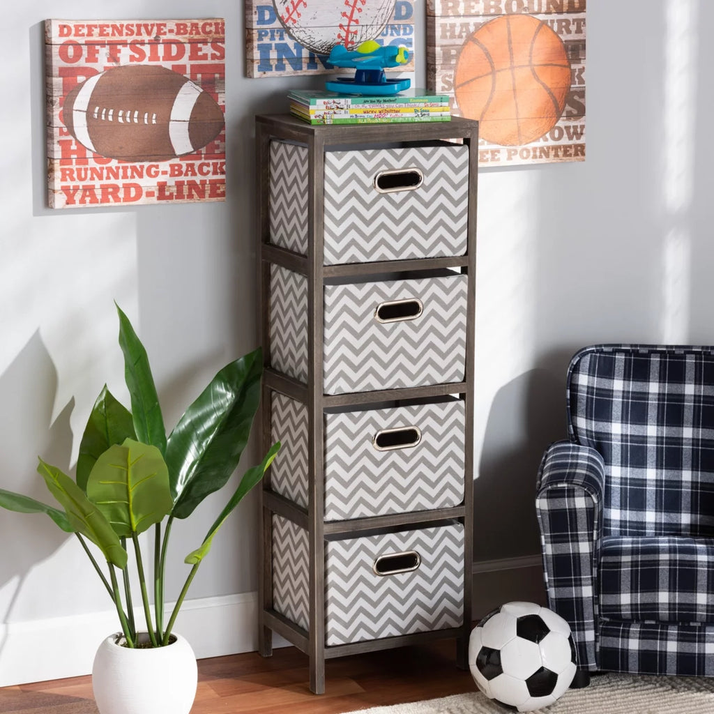 Grey and White Fabric 4-Basket Tallboy Storage Unit C5680