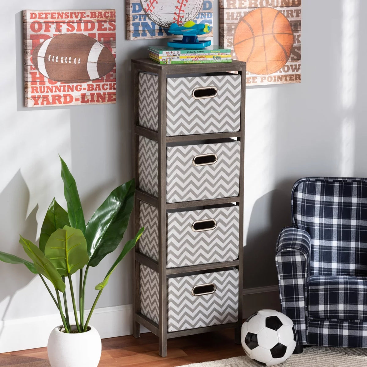 Grey and White Fabric 4-Basket Tallboy Storage Unit C5680