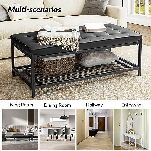 Tufted Leather Padded 2-Tier Coffee Table Ottoman R1535
