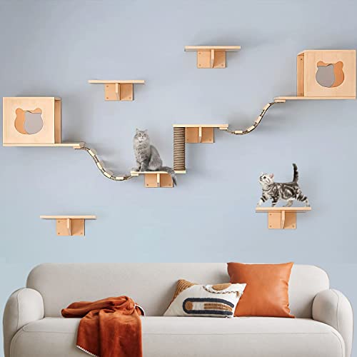Solid Wood Wall Mounted Cat Shelves and Perches with 4 Cat Condos, 8 Shelves, 2 Ladder, 3 Sisal Cat Scratching Post I389555