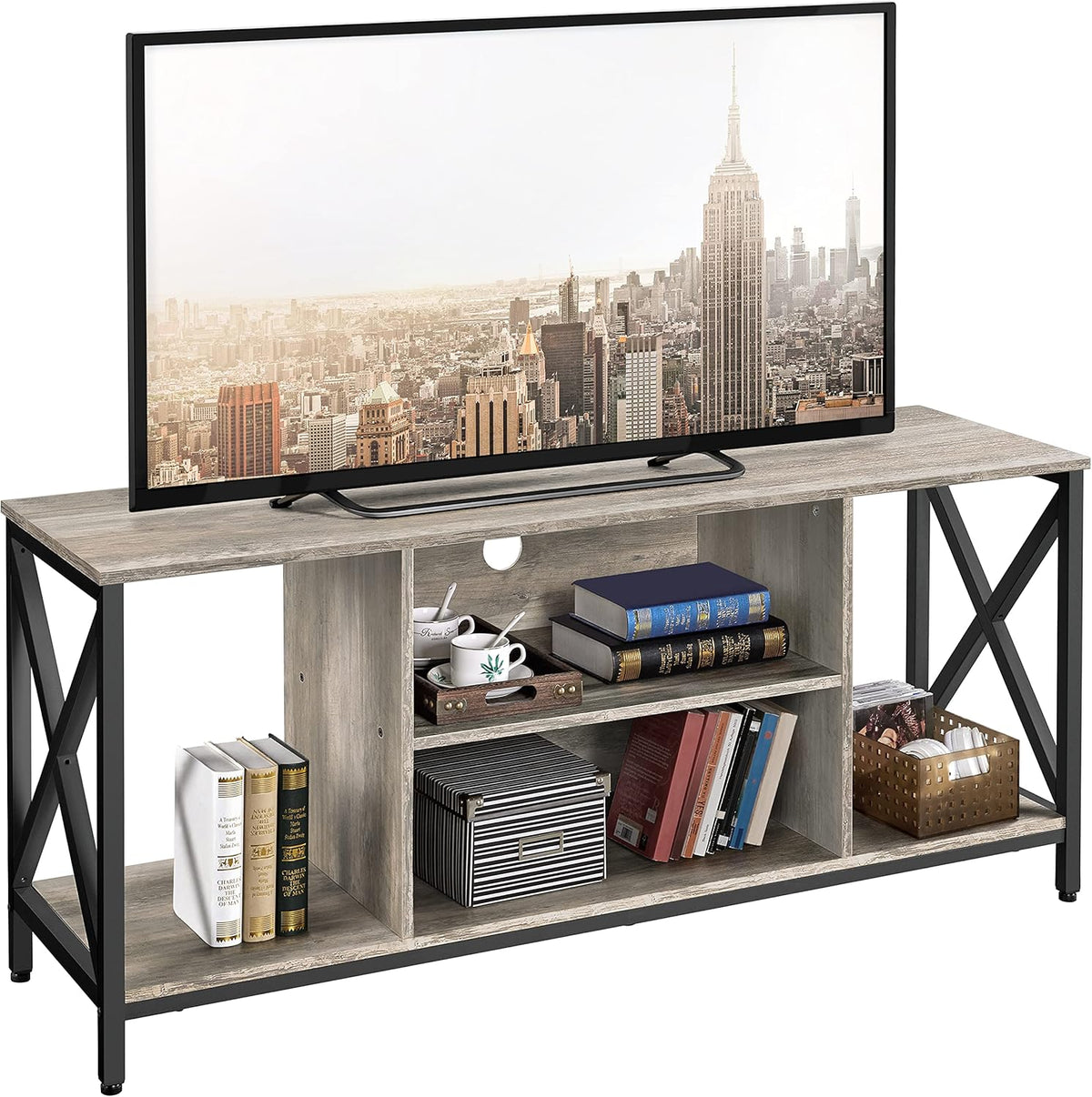 Gray Wood TV Stand with Storage Shelves L559