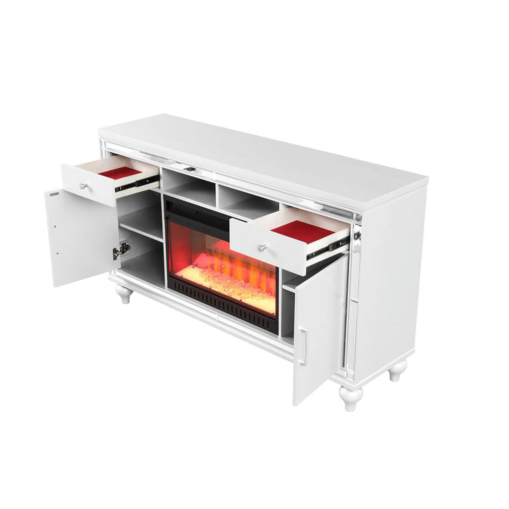 Solid Wood TV Stand With Electric Fireplace in White C995431