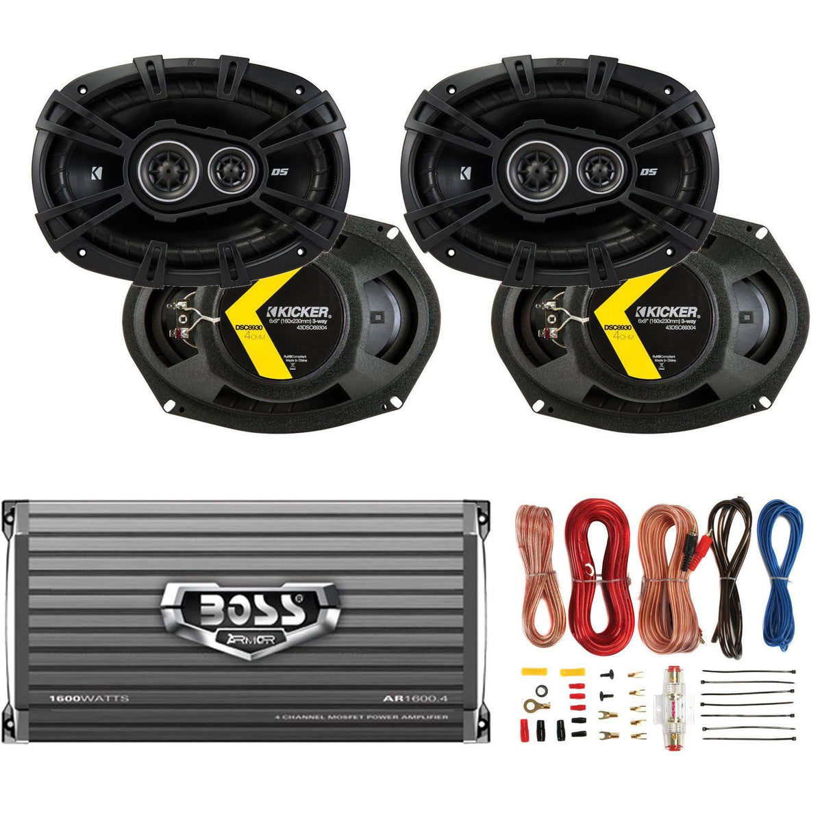 6x9 360W Car Speakers 4 Pack + 1600W Amplifier + 8 Gauge Wiring B393324