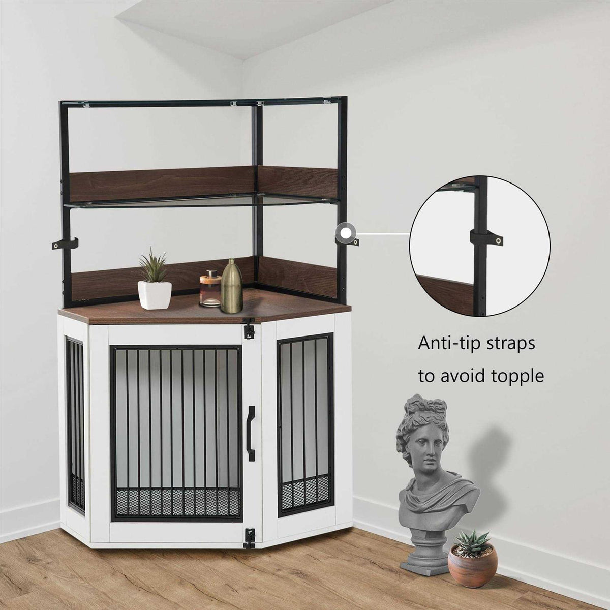 Corner Dog Crate Furniture with Glass Shelves Wooden Dog Kennel with Door D538883