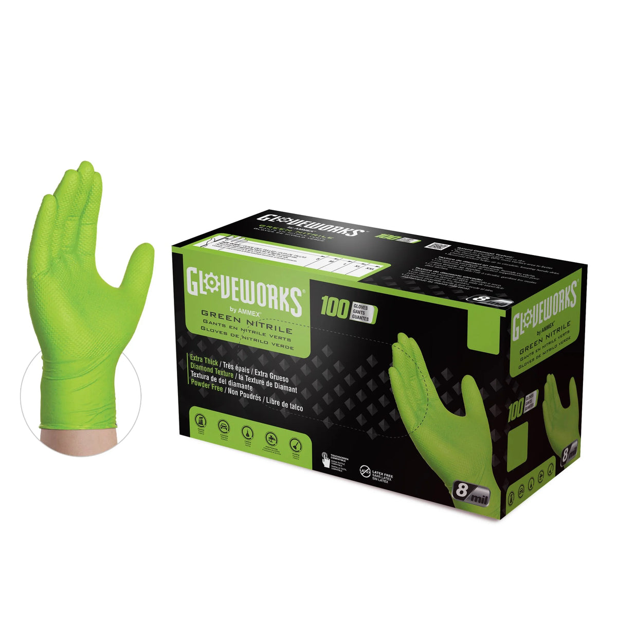 Green Nitrile Disposable Gloves 8 Mil, Large, 1000/Case R528