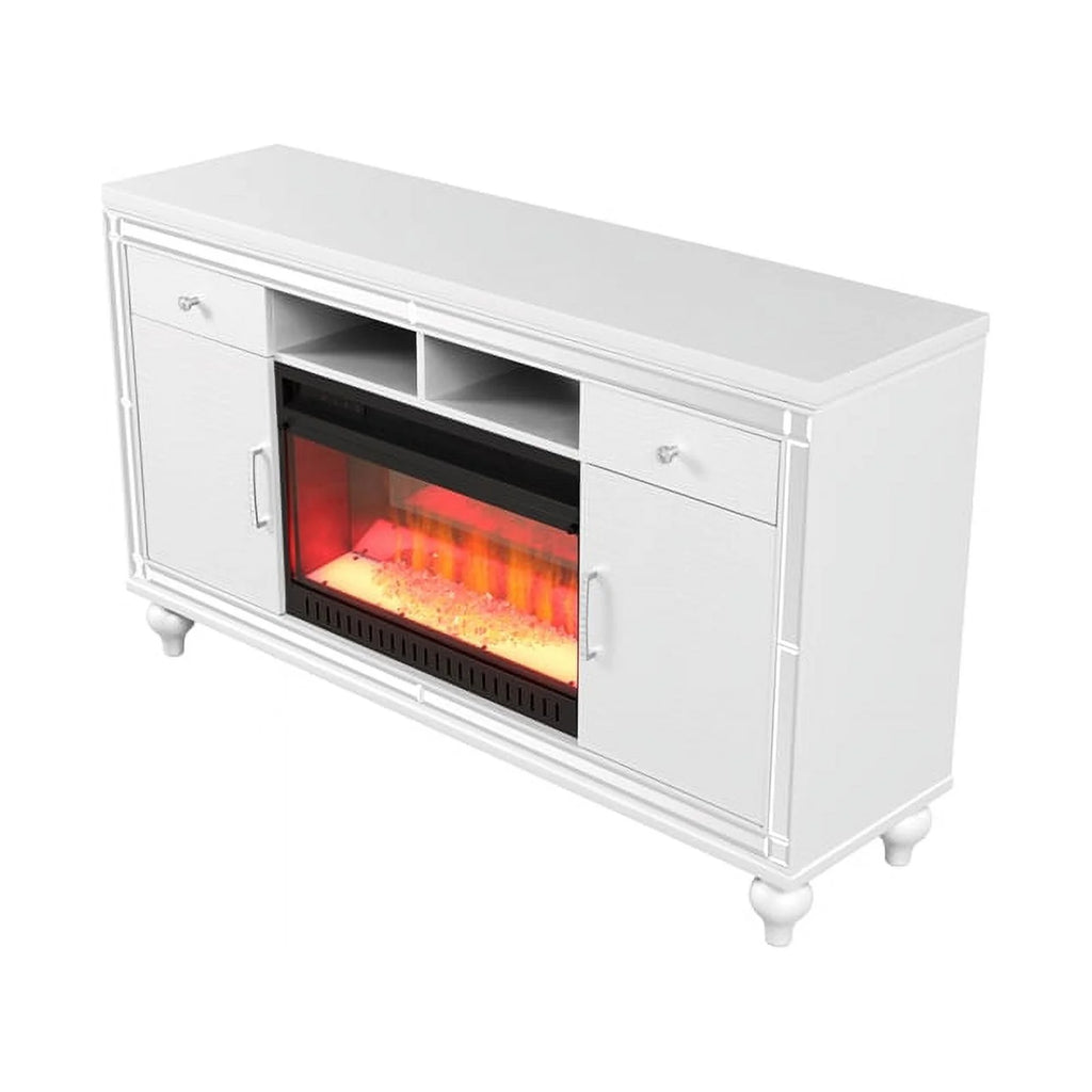 Solid Wood TV Stand With Electric Fireplace in White C995431