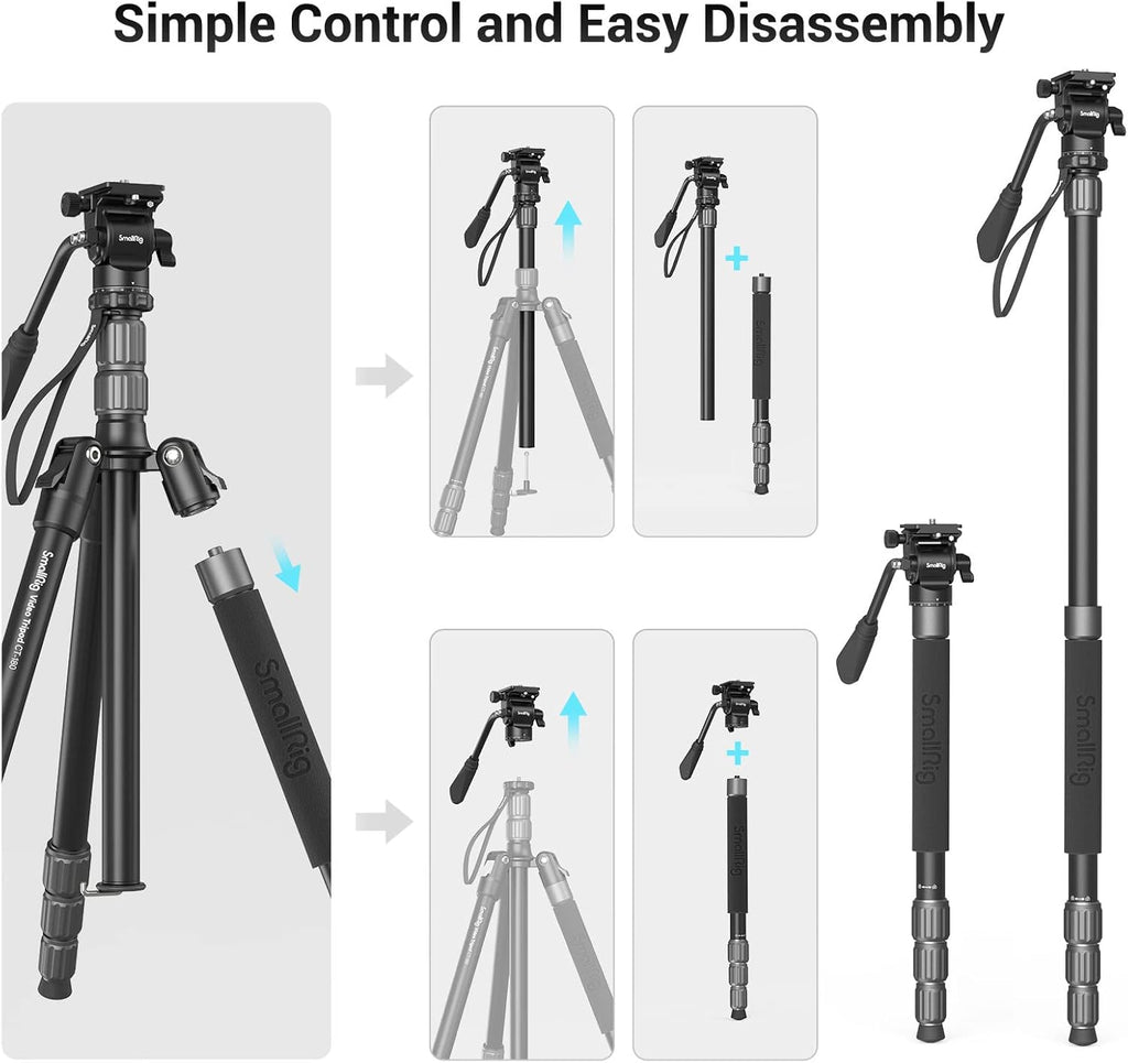 71 Video Tripod Monopod with Fluid Head, Aluminum Camera Tripod, Adjustable Height from 16.5 to 71 D1523