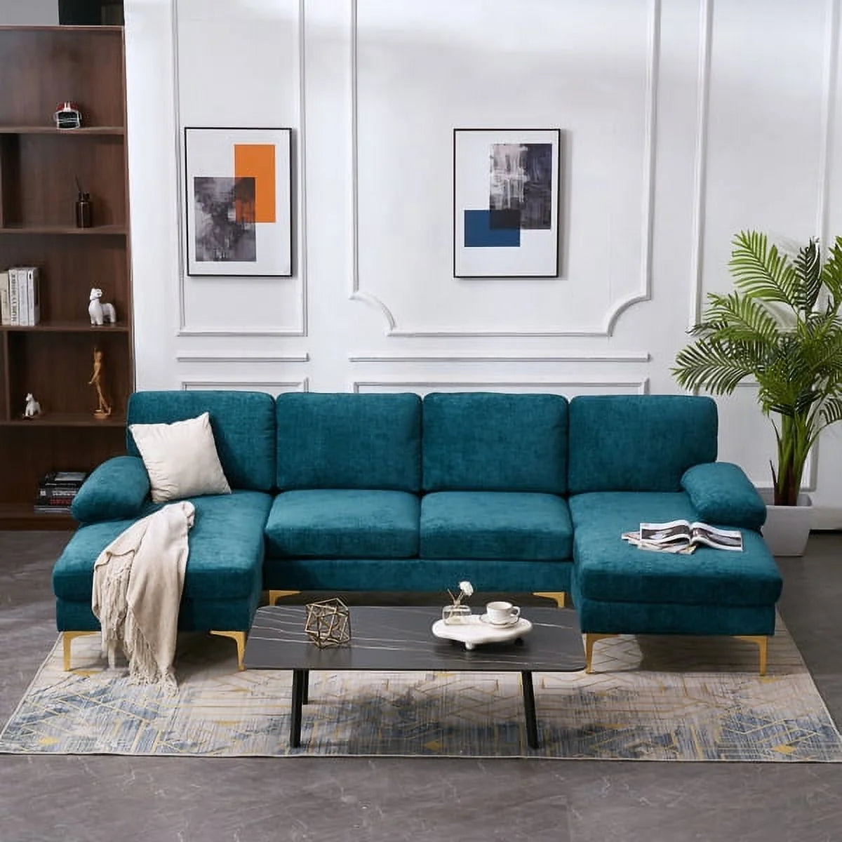 Convertible Sectional Sofa Couch U-Shaped Sleeper Sofa 4-Seat Dark Blue M294258