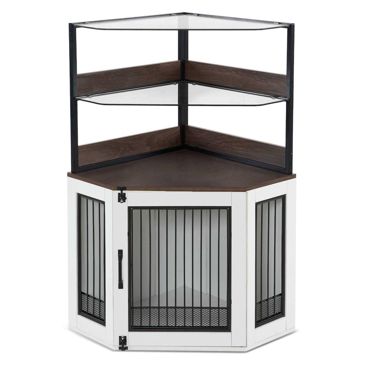 Corner Dog Crate Furniture with Glass Shelves Wooden Dog Kennel with Door D538883