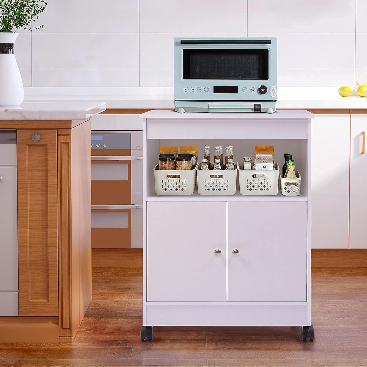 White Wooden Microwave Cart with 1 Drawer Y6650