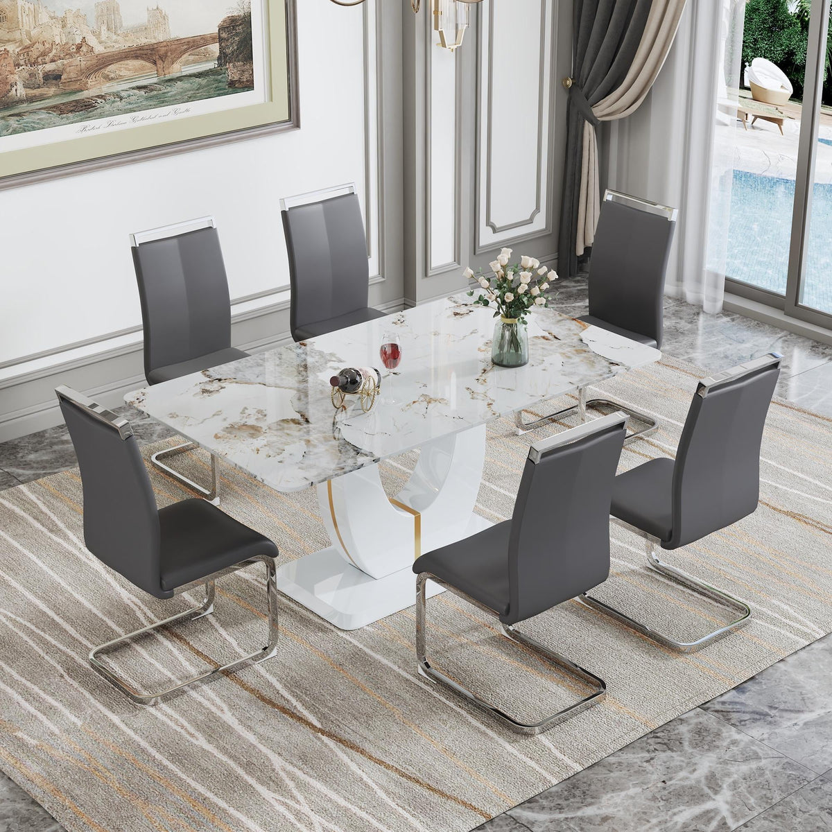 Grey 7 Piece Faux Marble Dining Table Set B113