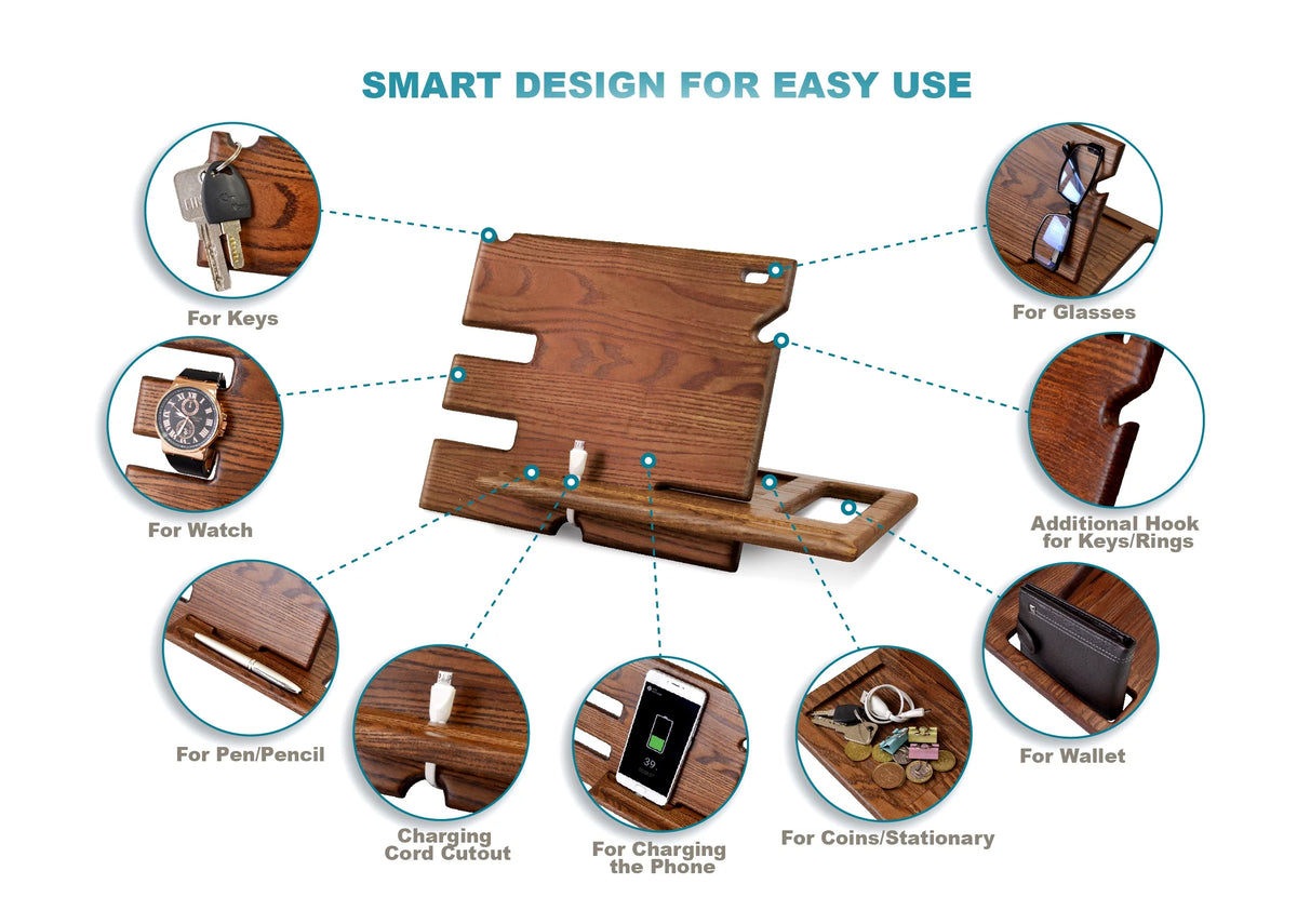 Wood Phone Docking Station Key Holder Wallet Stand Watch Organizer R3614