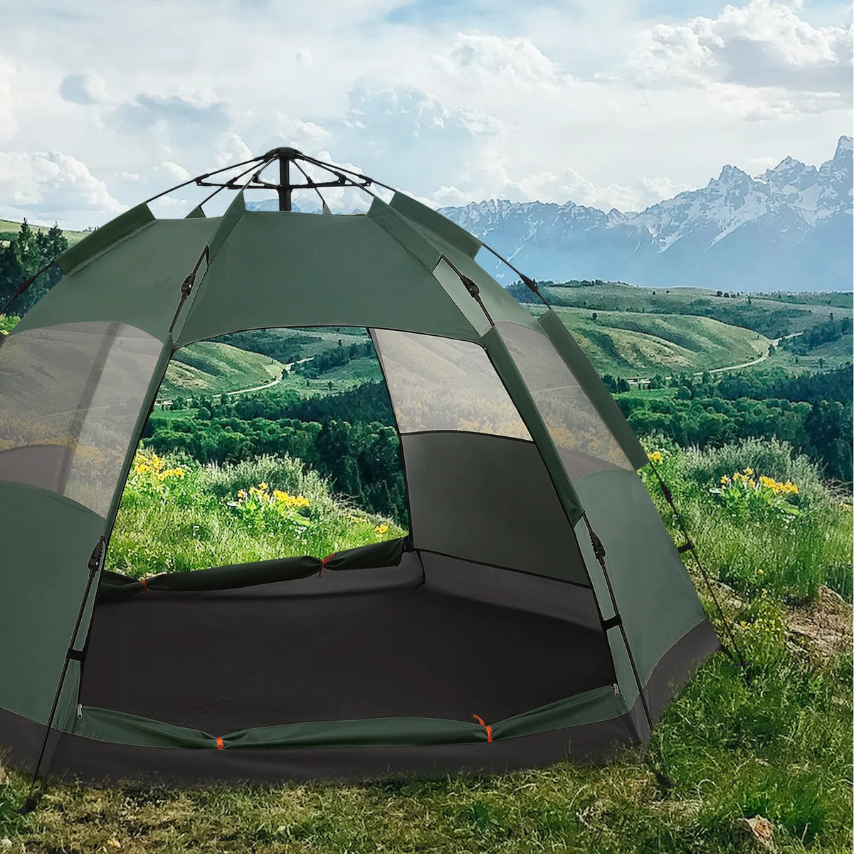 Large 4 Person Double Layer Camping Tent with Carry Bag, Green O715