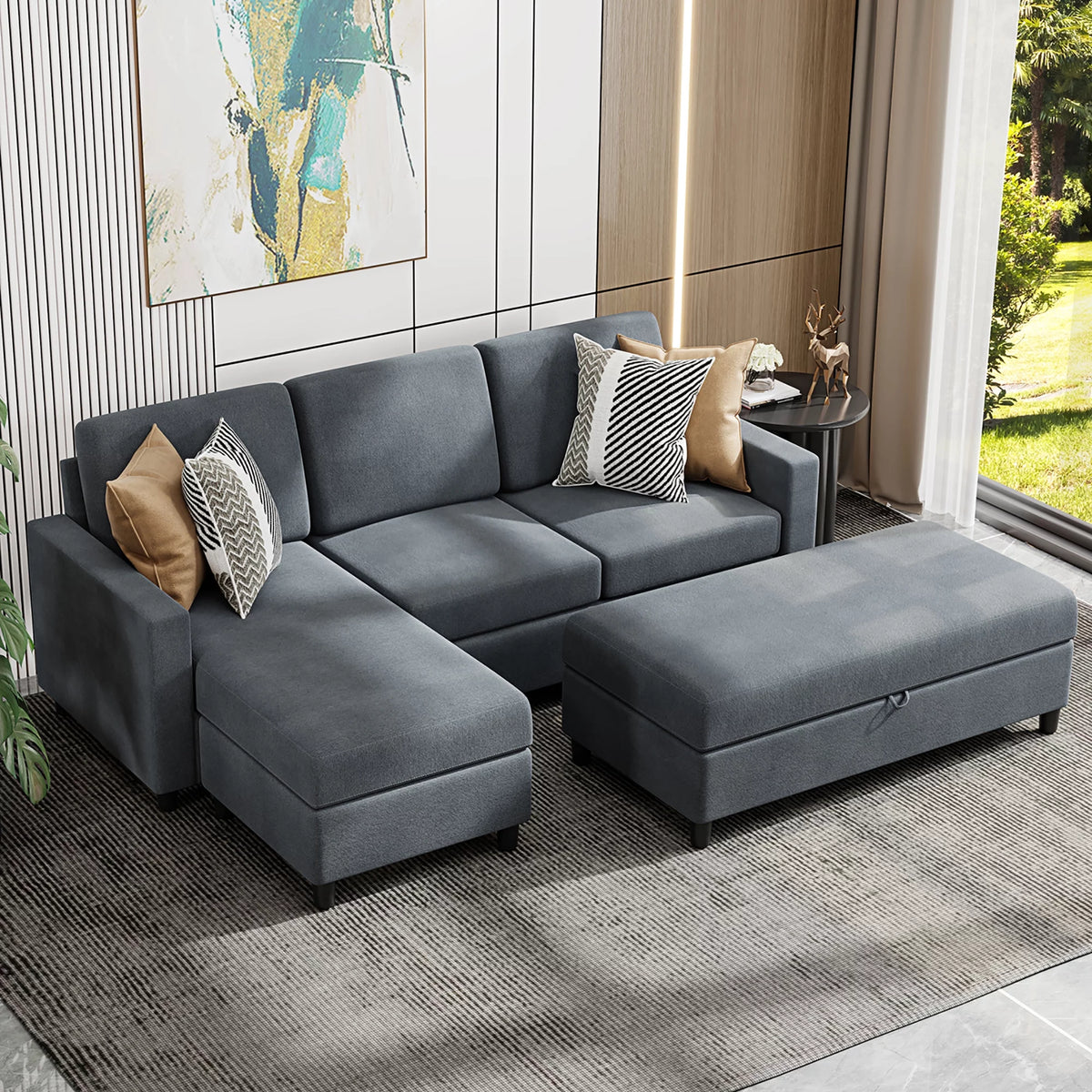 Linen Fabric Convertible L-Shaped Sectional Sofa Dark Gray U4440