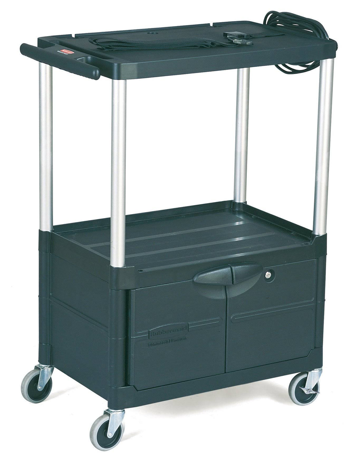 Black Three-Shelf AV Cart with Cabinet C836