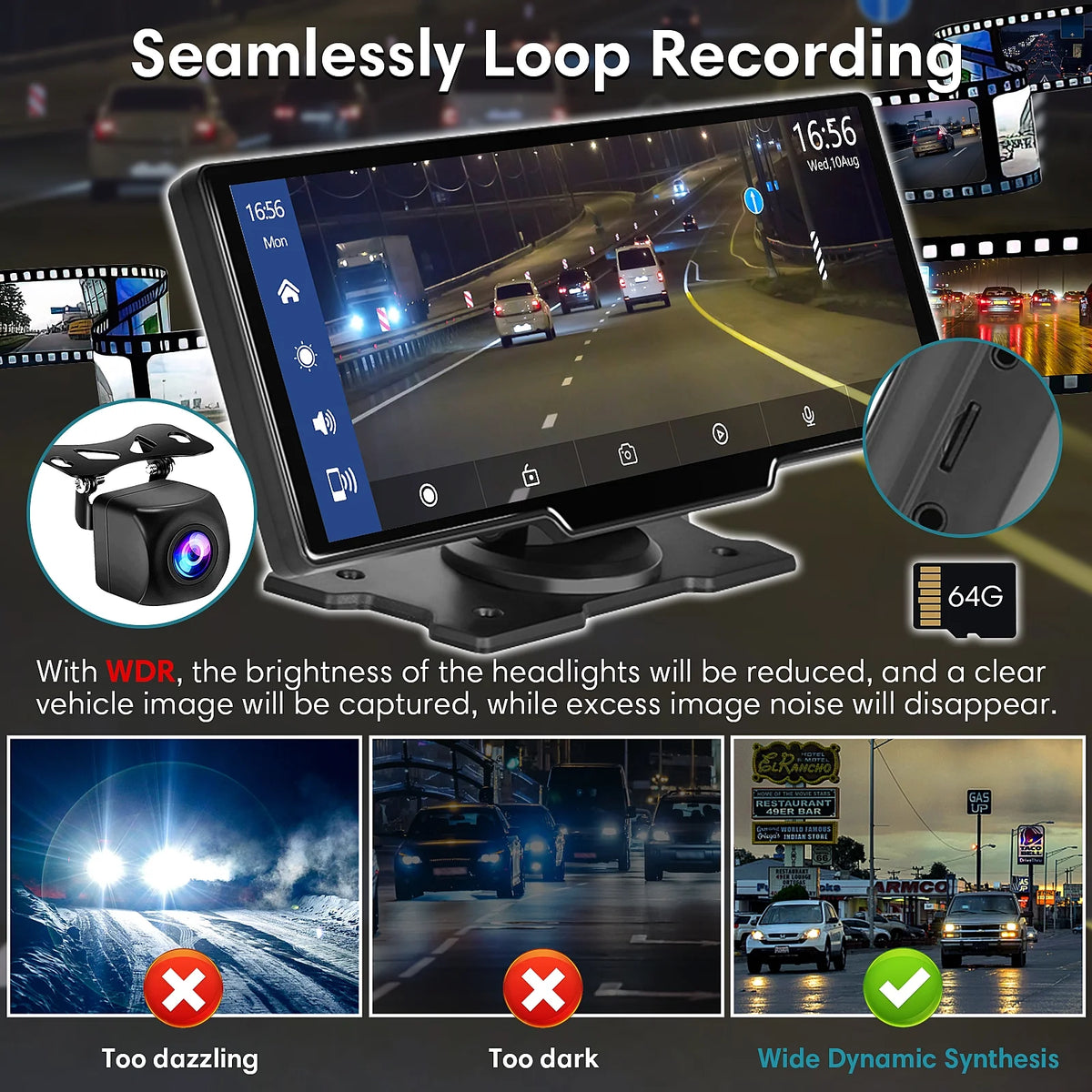 9.3" Portable Car Stereo with 2.5K Dash Cam and 64G SD Card W965385