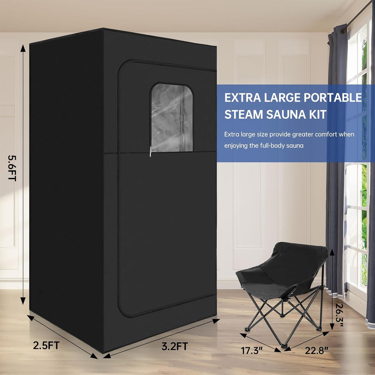 Black 600D Canvas Steam Sauna Tent with Steamer and Foldable Chair U7763