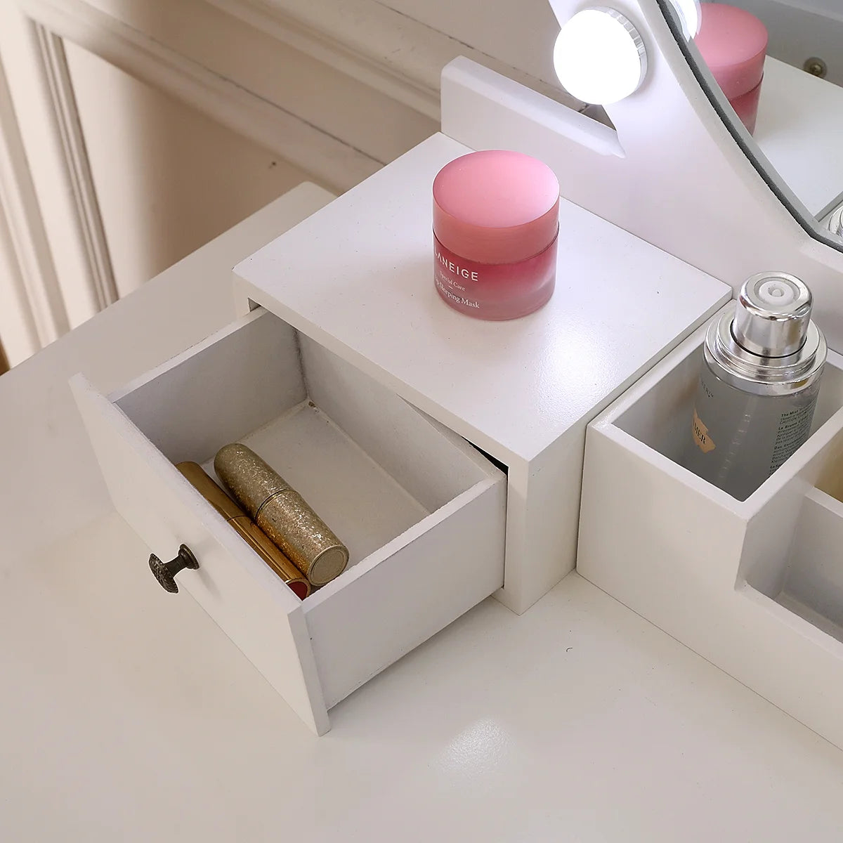 White Wooden Dressing Table with Lighted Mirror and Cushioned Stool M233