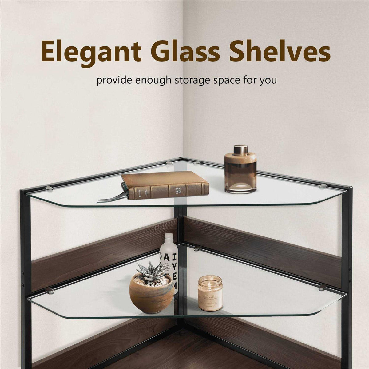 Corner Dog Crate Furniture with Glass Shelves Wooden Dog Kennel with Door D538883