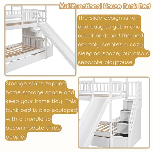 White Twin Over Twin Wood Bunk Bed with Slide and Trundle J774