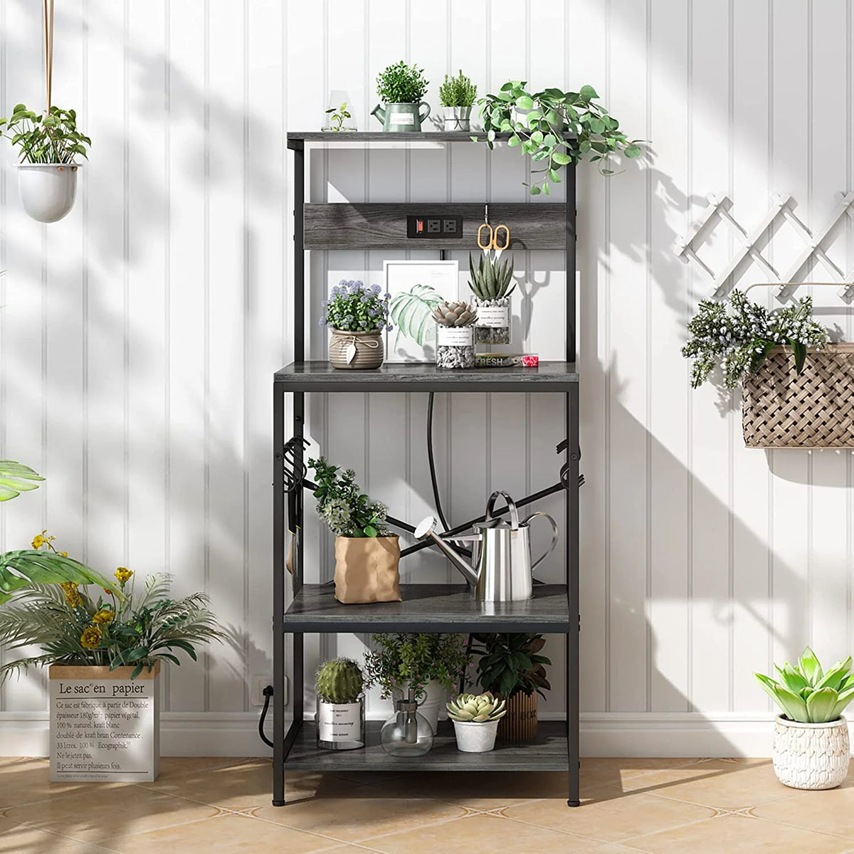 Charcoal Gray 4 Tiers Kitchen Bakers Rack with Power Outlet Y469