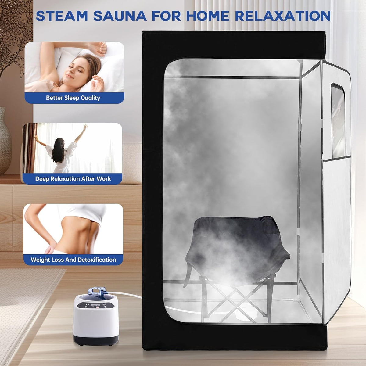 Black 600D Canvas Steam Sauna Tent with Steamer and Foldable Chair U7763